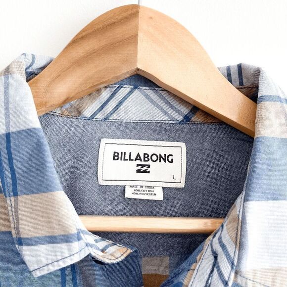 Billabong Mens Short Sleeves Button-Up Plaid Shirt Blue Tan Size Large - Picture 5 of 8